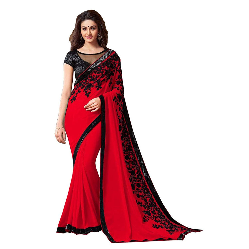 Red Saree with Black Border | Red Saree ...